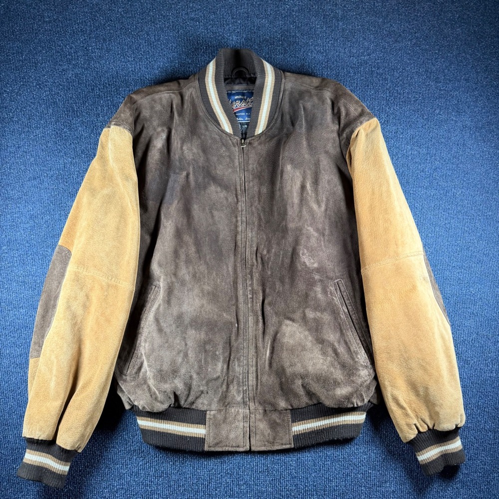 Vintage Varsity Suede Bomber Jacket Mens Large 51in Chest Brown Tan Collegiate